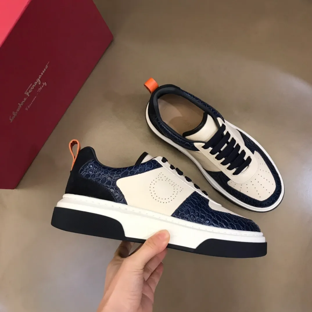 p420 "Salvatore Ferraga**" men's low-cut fashion sneakers. This casual shoe has a novel structure and is made of soft calfskin. The contrasting color elements on the upper highlight the bold and avant-garde atmosphere. The first-layer cowhide lining is high-end and comfortable. Energetic and fresh, these shoes can be worn with casual looks or add a touch of street style to elegant trousers.  Size: 38-44